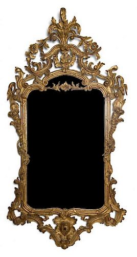 A Pair of Louis XV Giltwood Mirrors Height 58 x width 30 inches.