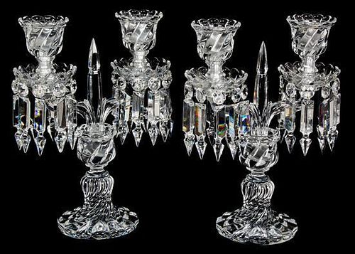 A Pair of Baccarat Glass Candelabras Height 13 inches.