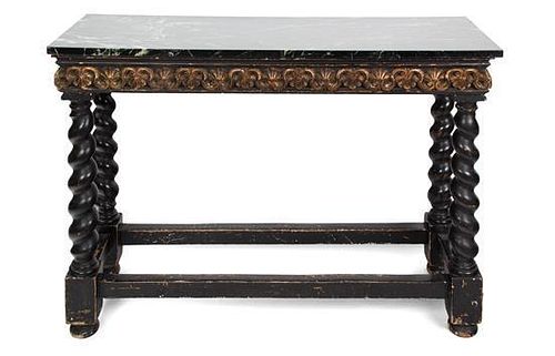 A Carved and Painted Wood and Marble-Top Console Table Height 34 x width 49 1/2 x depth 15 1/2 inches.
