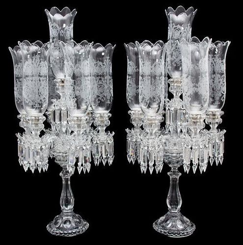 A Pair of Baccarat Glass Seven-Light Candelabra Height 33 1/2 inches.
