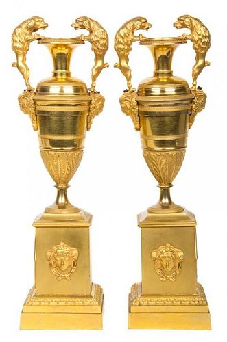 A Pair of French Gilt Bronze Urns Height 14 inches.