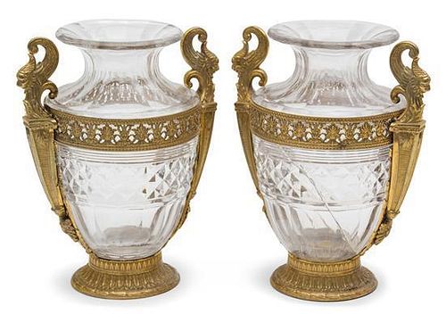A Pair of French Empire Style Gilt Bronze Mounted Glass Urns Height 7 3/4 inches.