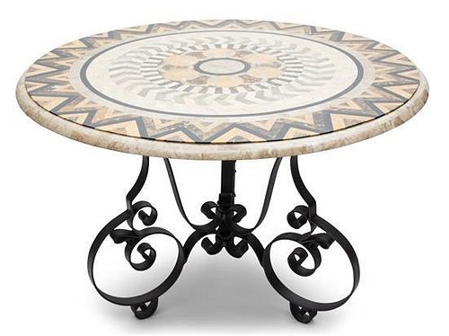 A Circular Marble Inlay and Wrought Iron Center Table Height 29 x diameter 40 inches.