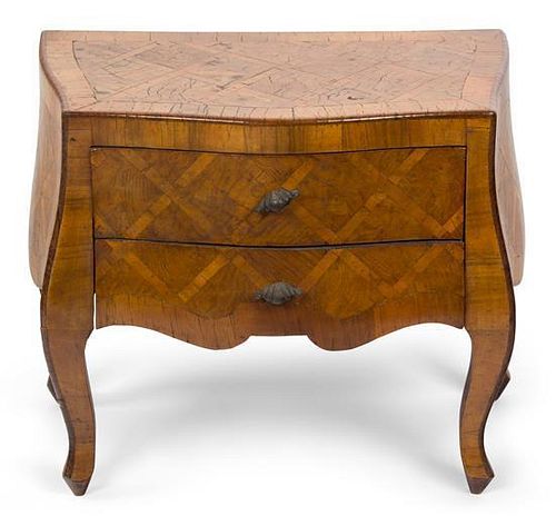 An Italian Parquetry Walnut Diminutive Bombe Form Commode Height 16 x width 18 12 x depth 10 inches.