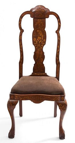 A Dutch Marquetry Walnut Side Chair Height 43 3/4 inches.