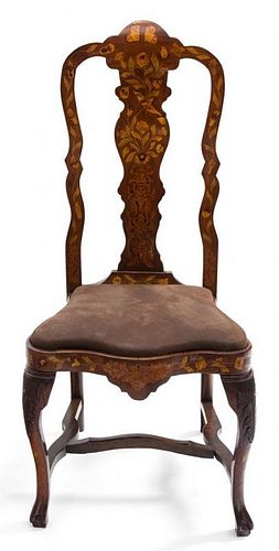 A Dutch Marquetry Walnut Side Chair Height 44 1/4 inches.