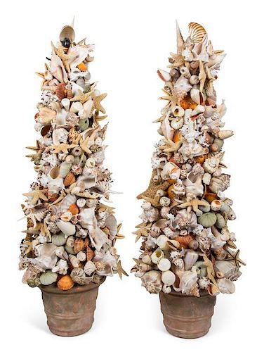 Two Conical Form Shell Encrusted Sculptures Height 31 inches.