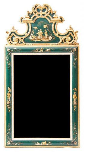 A Queen Anne Style Green and Gilt Chinoiserie Decorated Mirror Height 62 inches.