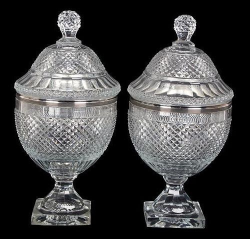 A Pair of Cut Glass Covered Urns Height 12 1/4 inches