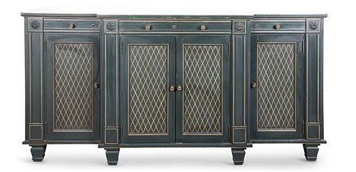 A Regency Style Green and Gilt Decorated Breakfront Console Cabinet Height 35 1/2 x width 72 x depth 20 inches.