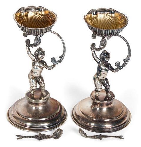 A Pair of Italian Silver Figural Salts, Milan, Late 20th Century, each having a shell form bowl raised by a standing putto, o