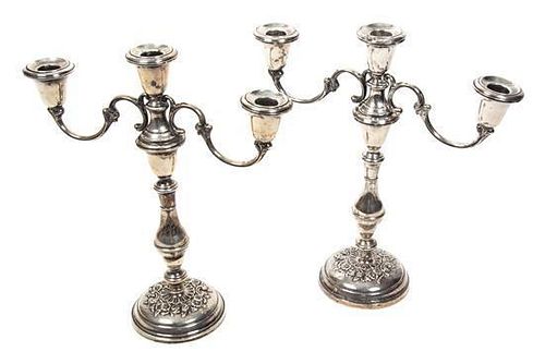 A Pair of American Silver Three-Light Candelabra, Gorham Mfg. Co., Providence, RI, each having scrolled arms raised on balust