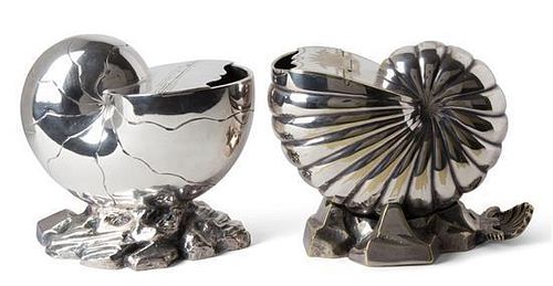 Two English Silver-Plate Nautilus Spoon Warmers Height of tallest 5 3/4 inches.