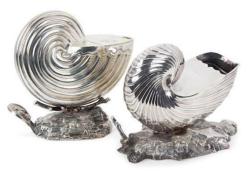 Two English Silver-Plate Nautilus Spoon Warmers Height of taller 6 1/4 inches.