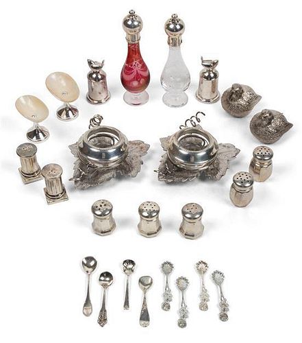 A Collection of Sterling and Silver Plate Salt and Peppers, , comprising four sterling Cartier shakers, two sterling Neiman M