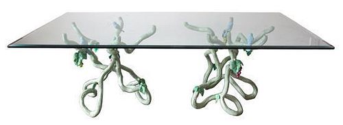 A Contemporary Painted Bronze Double Pedestal Glass Top Table Height 30 1/2 x width 96 x depth 53 1/2 inches.
