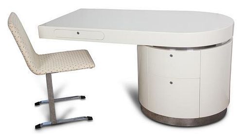 A Cream Lacquer and Chrome Writing Desk Height 40 x width 59 1/2 x depth 31 inches.
