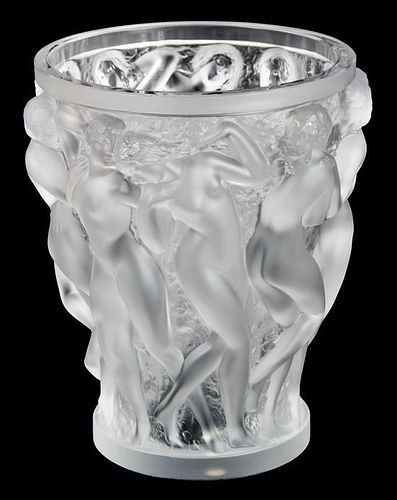 A Lalique Molded and Frosted Glass Vase Height 9 5/8 inches.