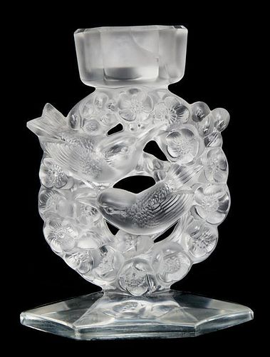 A Lalique Frosted Glass Candle Holder Height 6 1/2 inches.