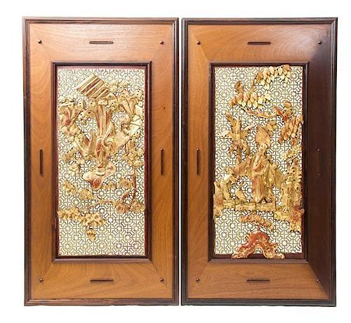 A Pair of Chinese Parcel-Gilt and Red Lacquered Recticulated Panels 36 1/2 x 17 inches.