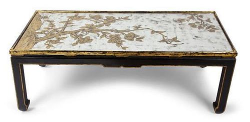 A Chinese Export Black and Gilt Lacquer Base Coffee Table Height 16 1/2 x width 48 x depth 22 inches.