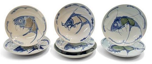 A Group of Seven Chinese Blue and White Decorated Plates Diameter 8 1/2 inches.