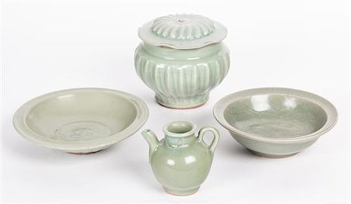 A Set of Four Chinese Celadon Articles Height of tallest 5 1/2 inches.