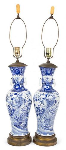 A Pair of Chinese Export Blue and White Porcelain Vases Height of vase 16 3/4 inches.