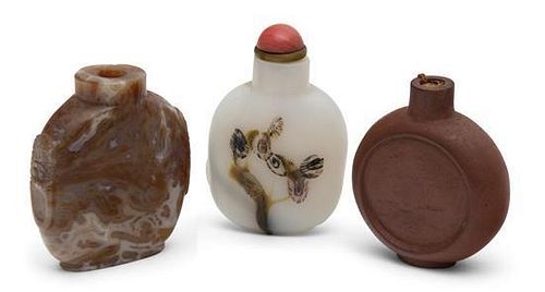 A Group of Three Chinese Snuff Bottles Height of tallest 2 3/4 inches.