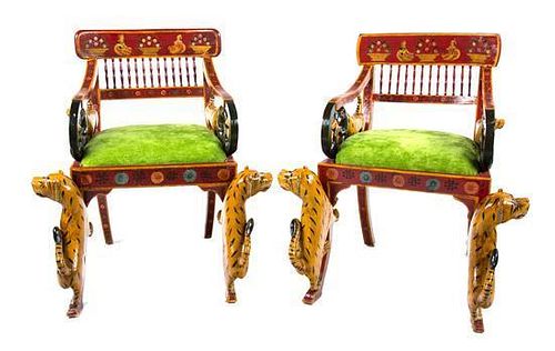 A Pair of Indian Export Painted Armchairs Height 33 inches.