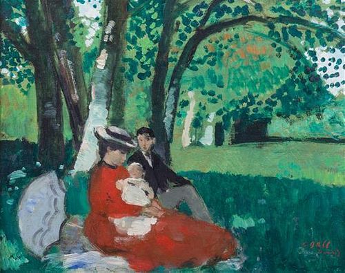 Francois Gall, (French, 1912-1987), Young Couple with Baby in Park