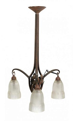 An Art Nouveau Style Three-Light Chandelier Height overall 26 inches.