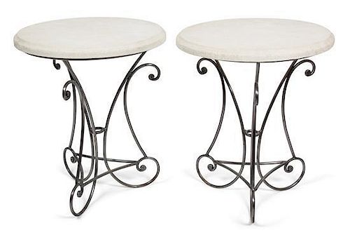 A Pair of Composition and Silvered Metal Occasional Tables Height 29 x diameter 24 inches.