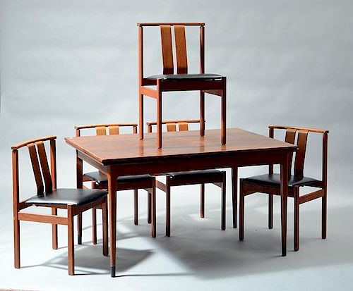 Danish rosewood draw-leaf (refectory) table along with set of five Danish teak dining chairs