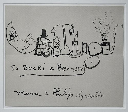 Ink on paper, greeting card, "Greetings to Becki & Bernard"