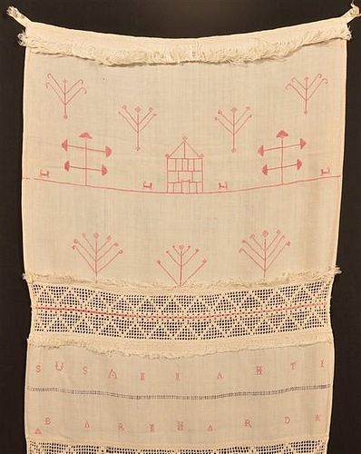 Red Needlework Show Towel with Drawn Thread Panels.