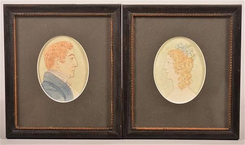 Pair of Watercolor Portraits of man and Woman.