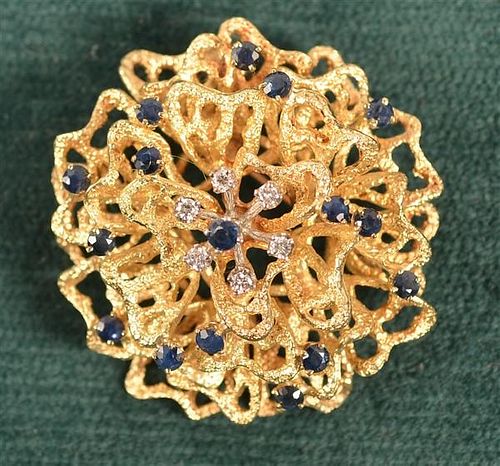 14K Gold Brooch/Pin with 16 Sapphires and 6 Diamonds.