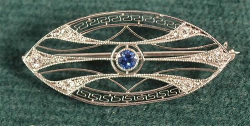 Art Deco 14K White Gold Diamond and Sapphire Pin.