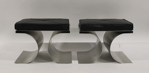 A Pair Of Polished Steel Benches With Leather