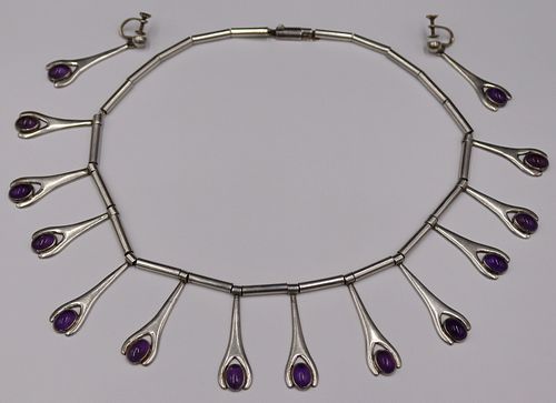 JEWELRY. 3 Pc. Signed Mexican Silver and Amethyst