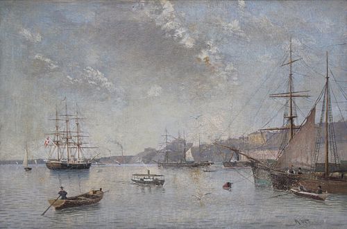 A.W. INITIALED OIL ON CANVAS HARBOR SCENE.