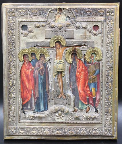 19TH CENTURY RUSSIAN ICON: CRUCIFIXION OF CHRIST.