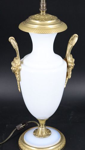 Antique Bronze Mounted Opaline Urn Form Lamp.