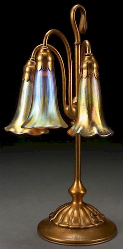 A TIFFANY STUDIOS ETCHED DORE BRONZE LILY LAMP
