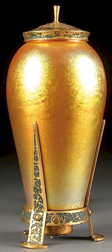 GOLD AURENE ART GLASS AND ETCHED GILT BRONZE PERFUME LAMP