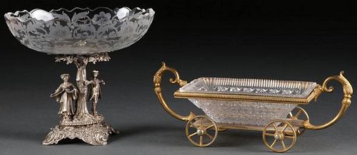 A GERMAN ETCHED CRYSTAL & FIGURAL SILVER COMPOTE