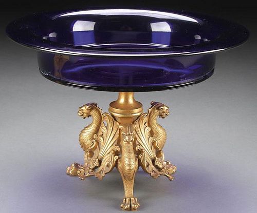 FRENCH GOTHIC REVIVAL GILT BRONZE & COBALT COUPE