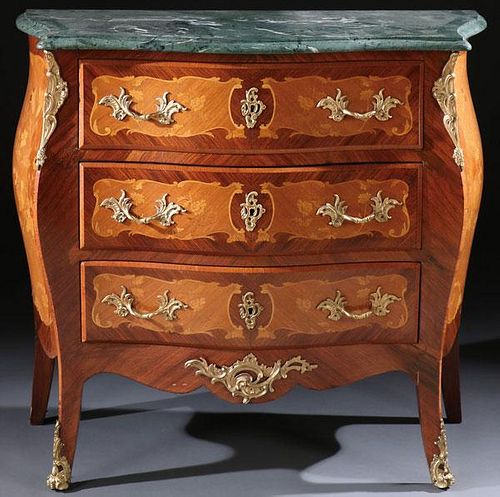 AN ITALIANATE MARBLE TOP MARQUETRY COMMODE