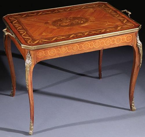 A FRENCH LOUIS XVI STYLE MARQUETRY AND BRONZE
